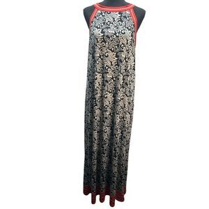 Max Studio Halter Maxi Dress Size L Black White Floral Red Trim T-Back Resort We